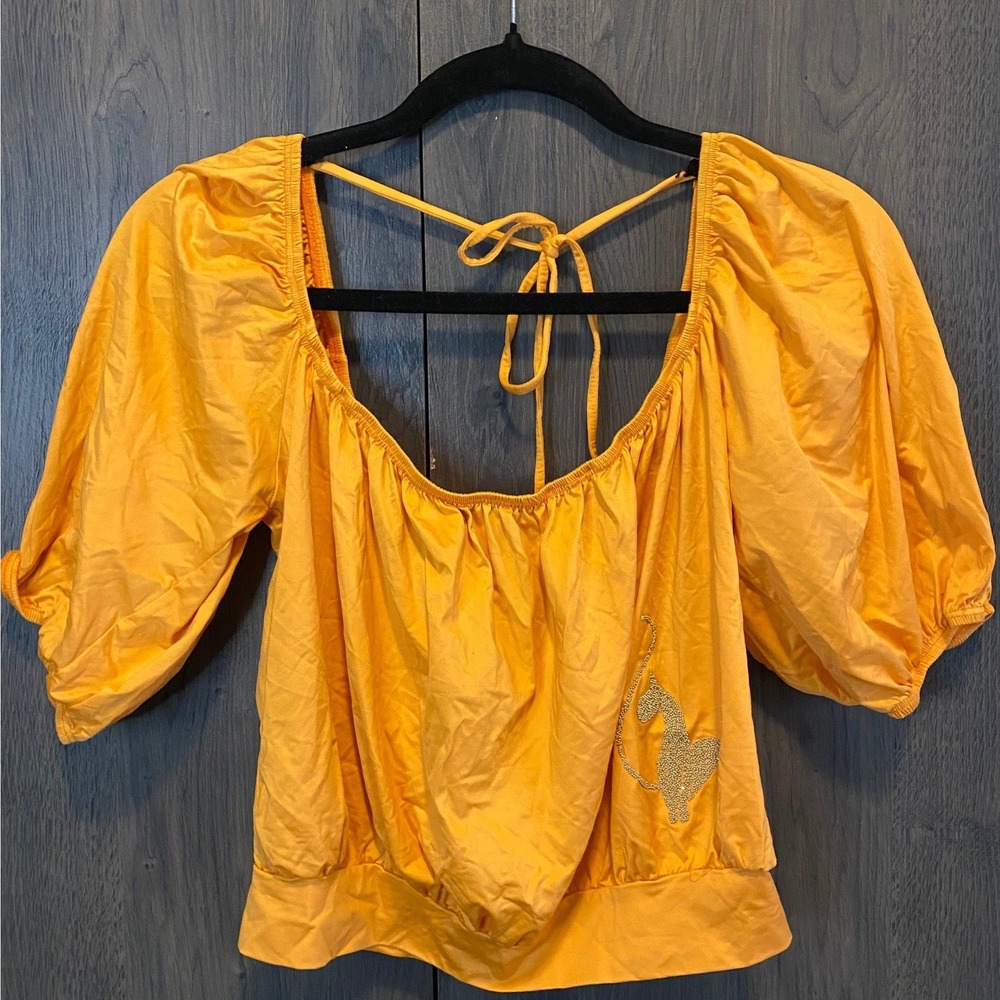 Baby Phat Orange Puff Sleeve‎ Rhinestone Cat Logo Tie Back Top Y2K Large